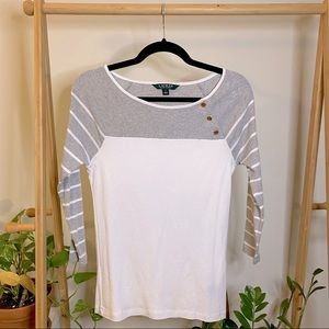 LAUREN Ralph Lauren Grey White Fitted Sweater Shirt, 3/4 Sleeve, Gold Buttons, M